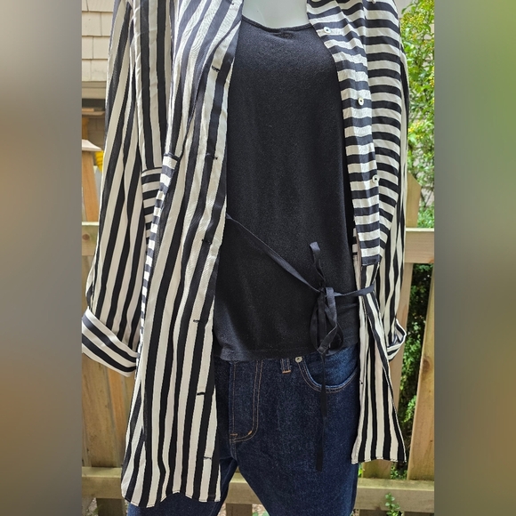 Massimo Dutti Satiny Black and Cream Striped Lounge Jacket/shirt Lg - Picture 13 of 15